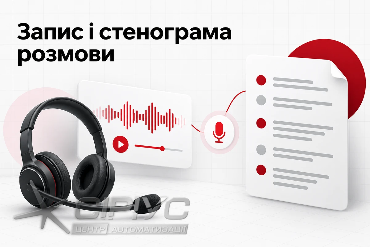 Ілюстрація запису та стенограми розмови: гарнітура, аудіоплеєр і текстові репліки співрозмовників